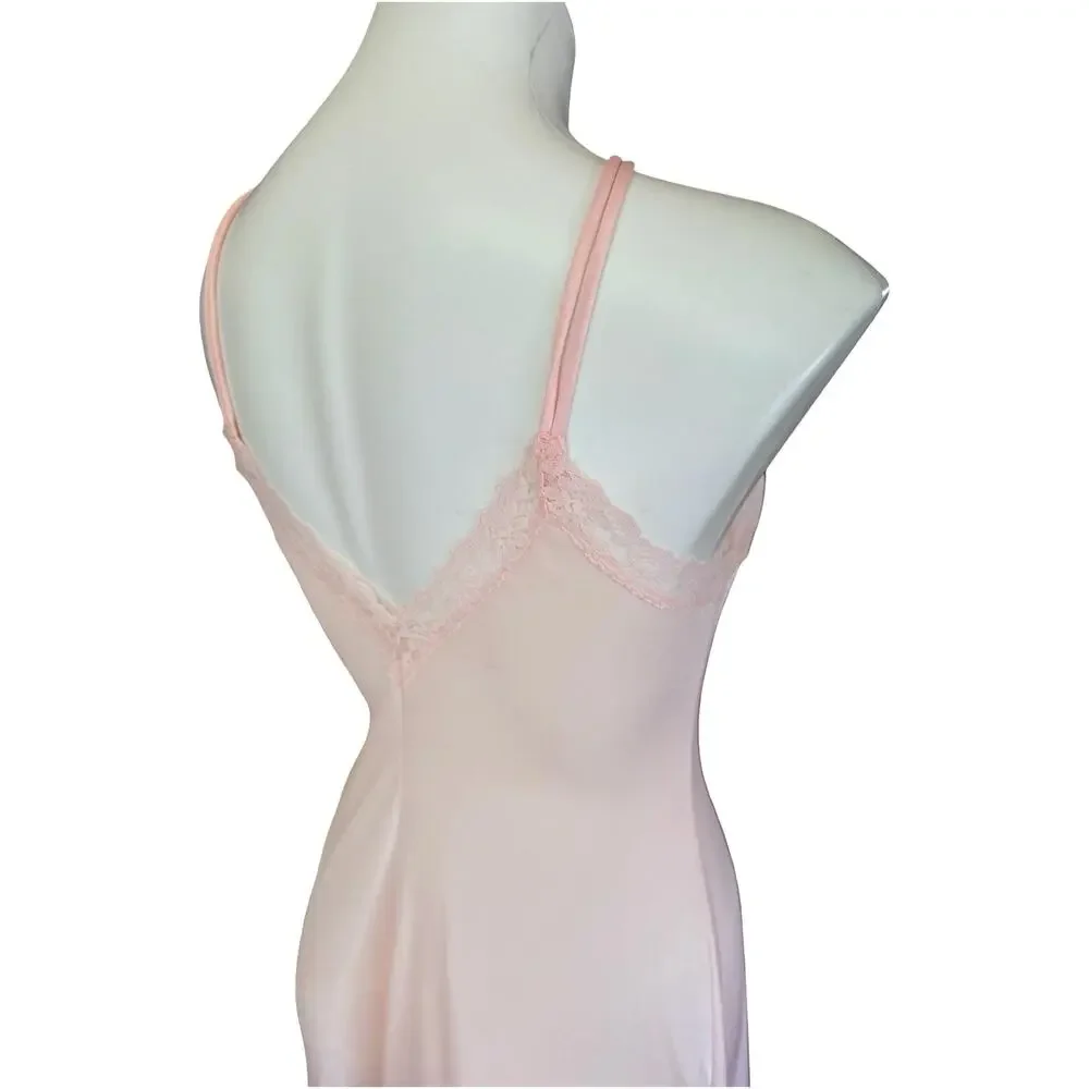 Val Mode Vintage 1970s Blush Pink Nylon Nightgown Diagonal Lace Panel Small